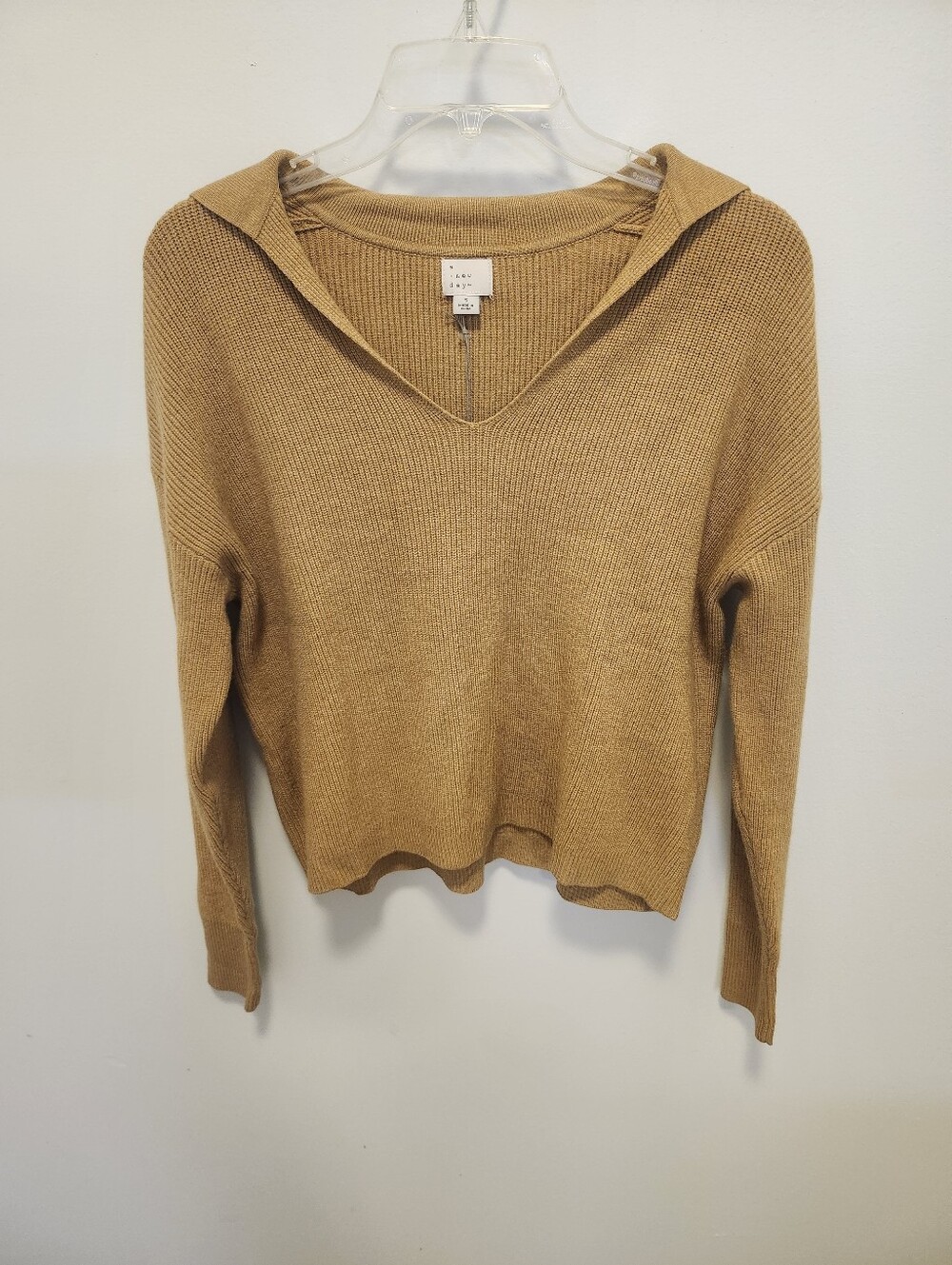 A New Day V-Neck Hooded Ribbed Sweater - Camel Women's Size Small